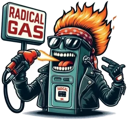 Mascota de Radical Gas: un surtidor de gasolina con el pelo en llamas, gafas de sol y cazadora de cuero, sujetando un cartel de Radical Gas